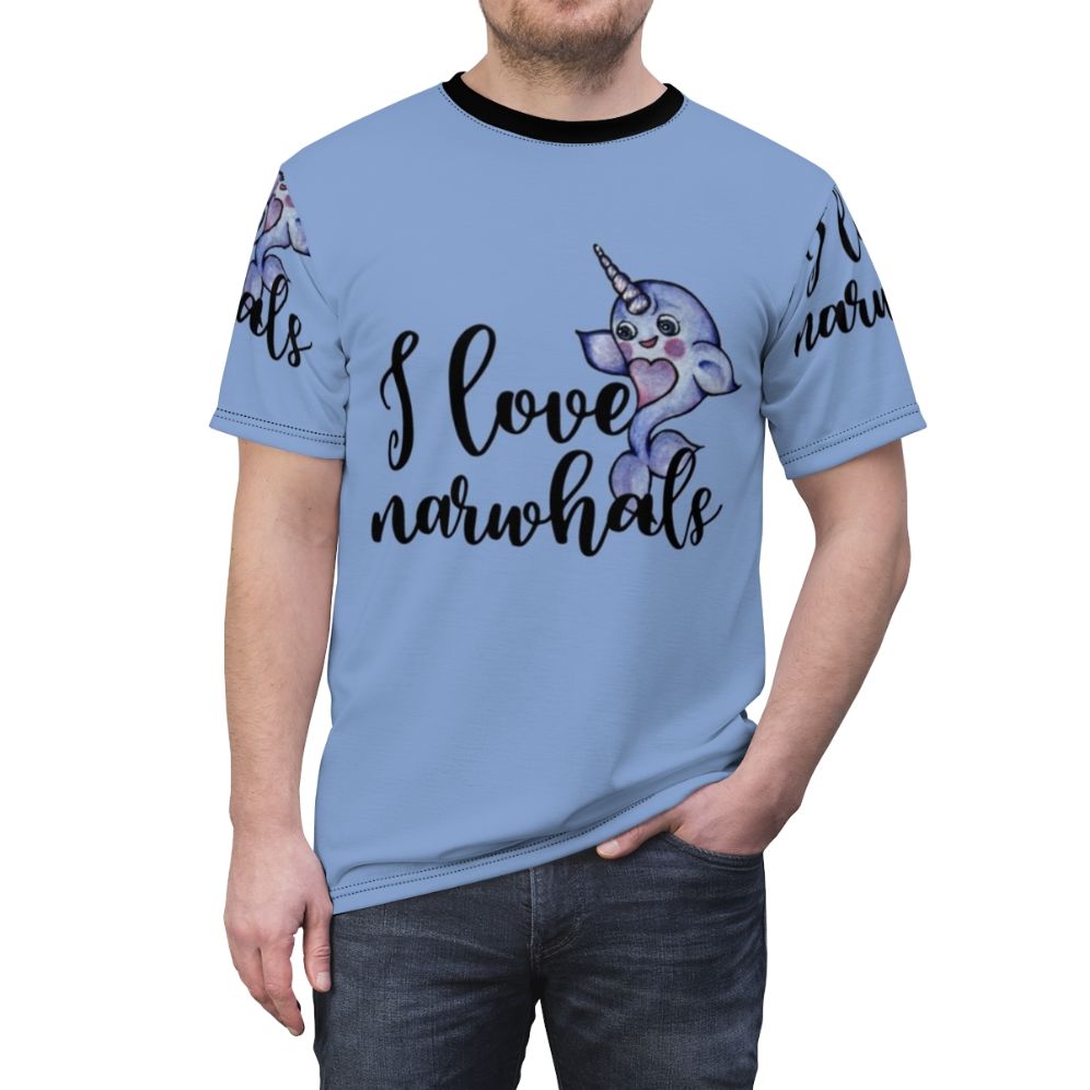 All-over print t-shirt featuring a cute and colorful narwhal design - men front