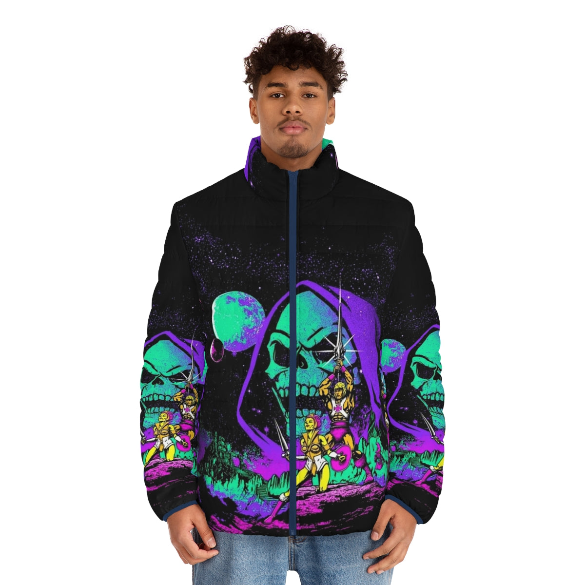 Masters of the Universe He-Man Puffer Jacket with Retro Space Adventure Design - men front