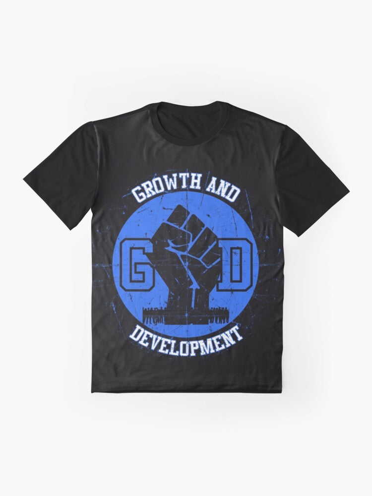 Growth and Development Graphic T-Shirt featuring African American culture and Chicago gang references - Flat lay