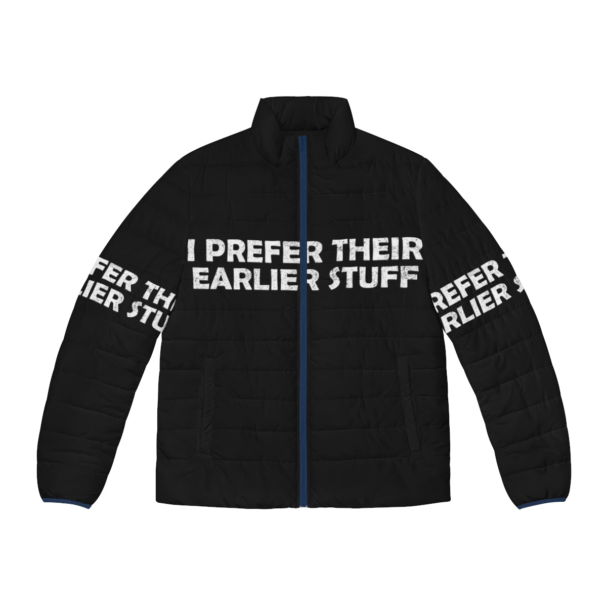 "I Prefer Their Earlier Stuff" music lover puffer jacket featuring a guitar design