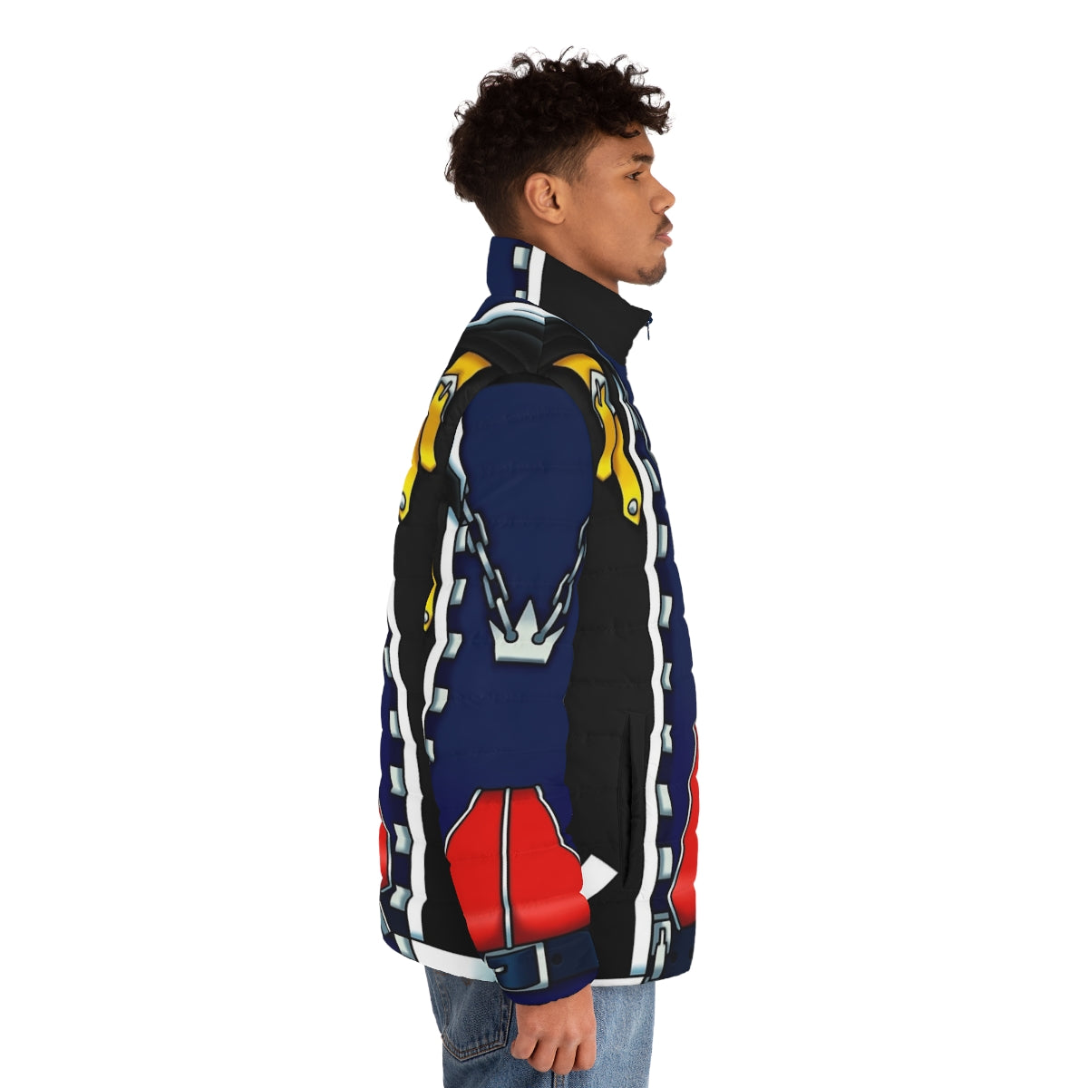 Kingdom Hearts cosplay puffer jacket featuring Sora, Riku, and Kairi - men side right