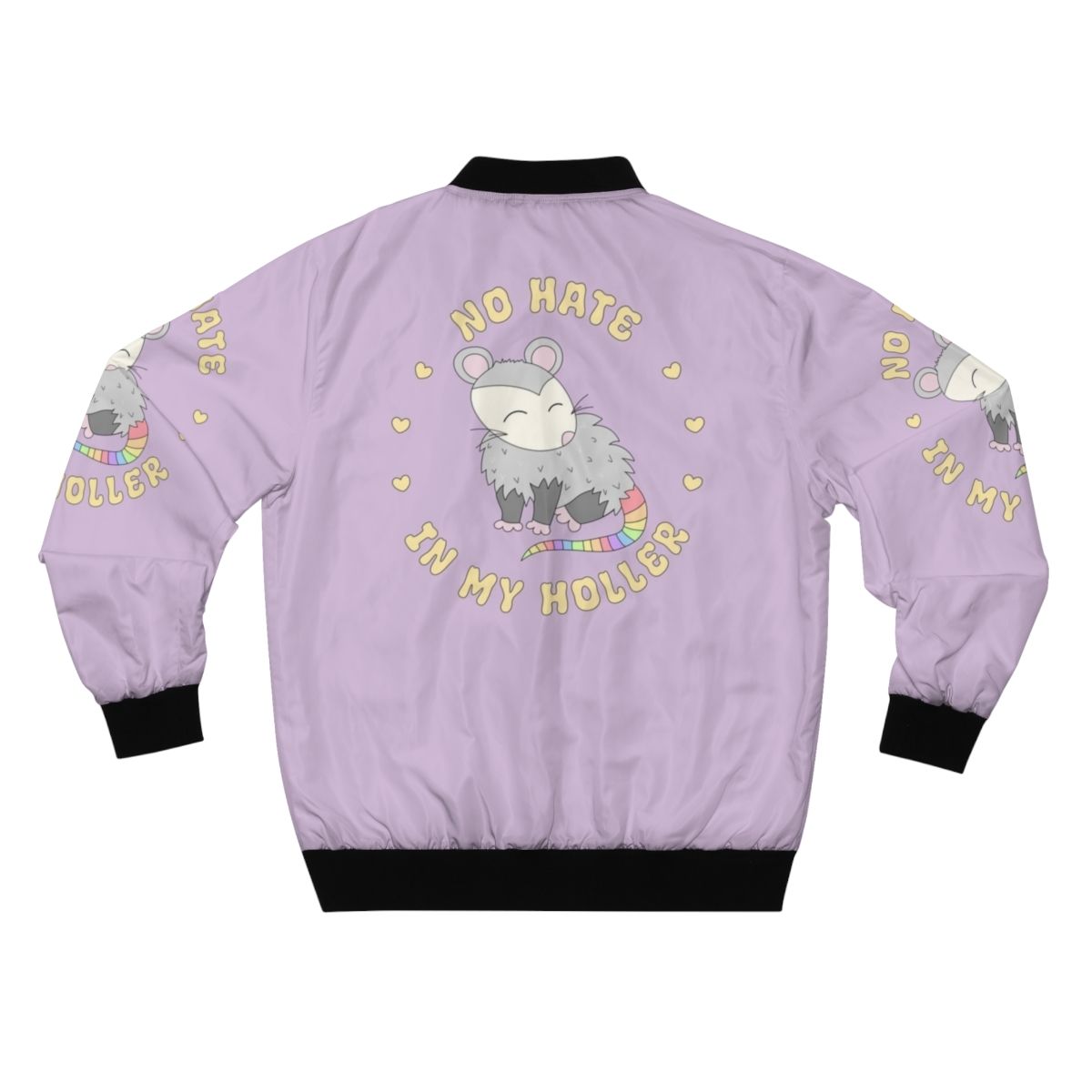 Pastel rainbow-colored bomber jacket with a cute opossum graphic, perfect for West Virginia pride. - Back