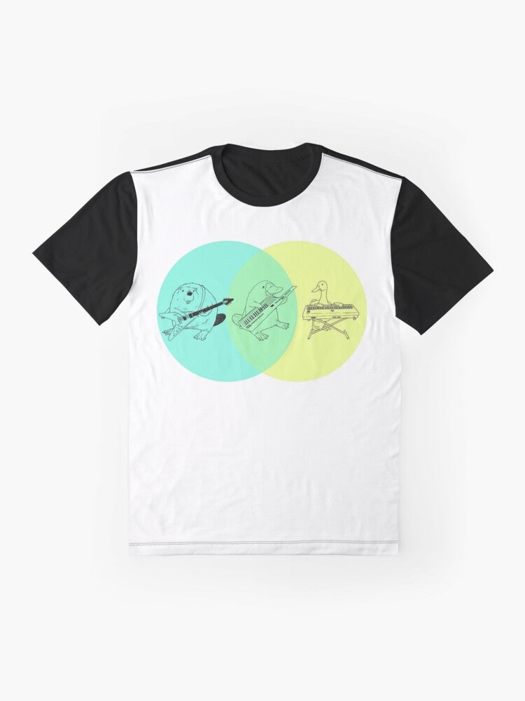 A graphic t-shirt featuring a Venn diagram with a keytar and platypus design, representing a quirky, fun, and hip style. - Flat lay