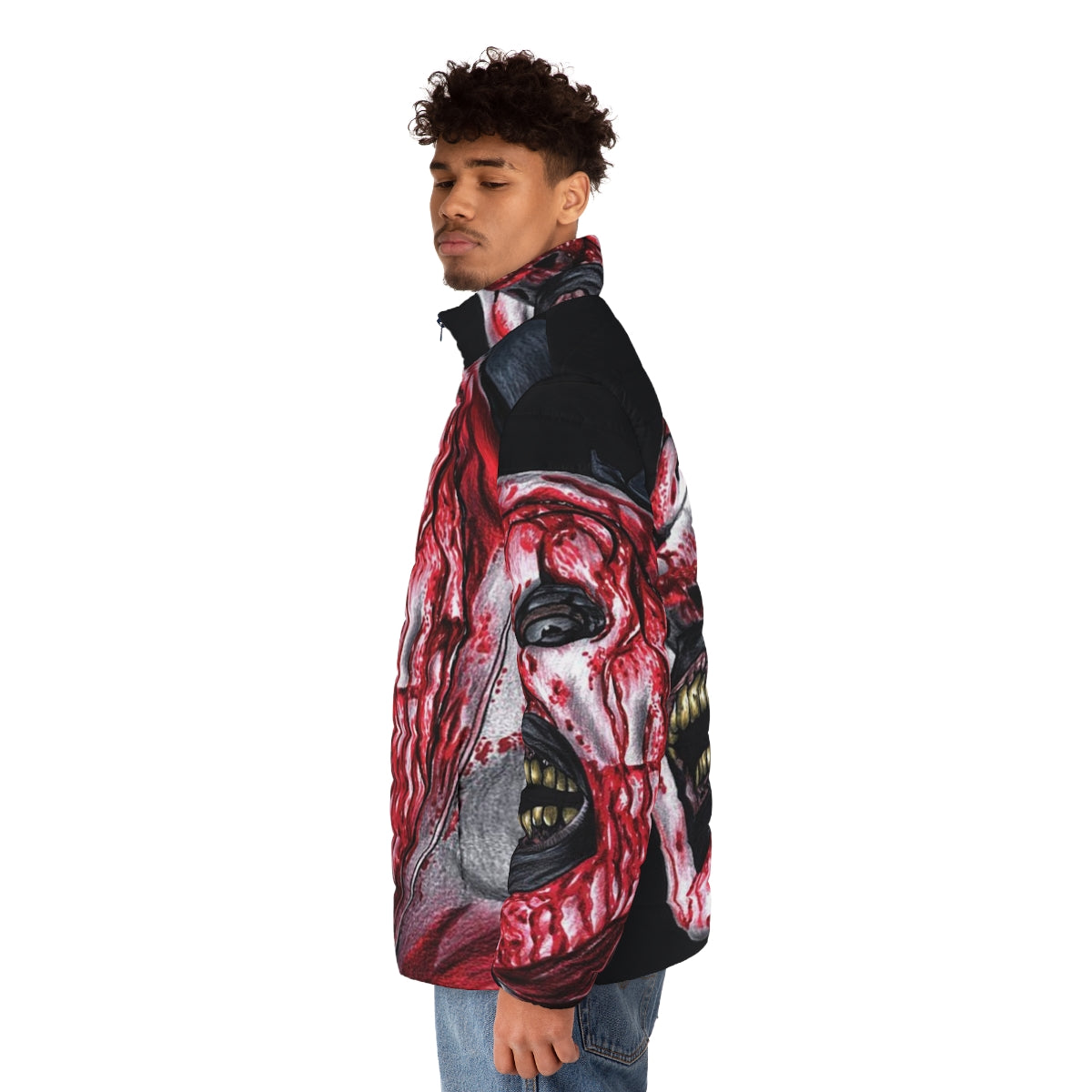 Terrifier 2 Art the Clown Puffer Jacket featuring the iconic slasher character - men side left