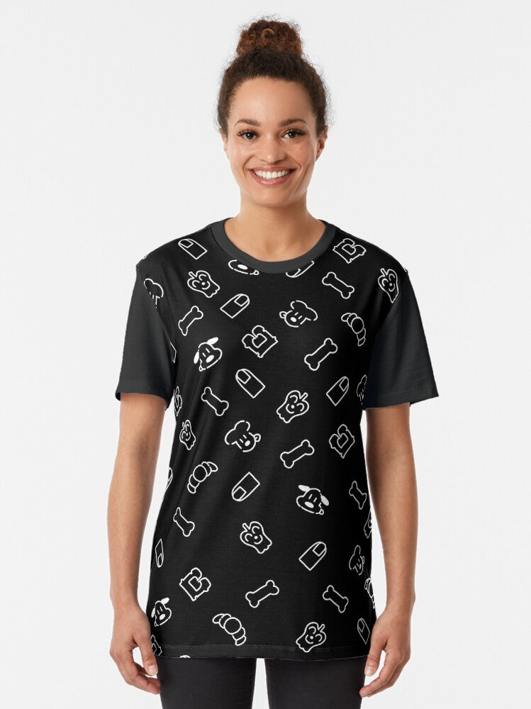 Inugami Korone wearing a black and white camisole pattern graphic t-shirt with dog, bone, and bread tag design elements. - Women