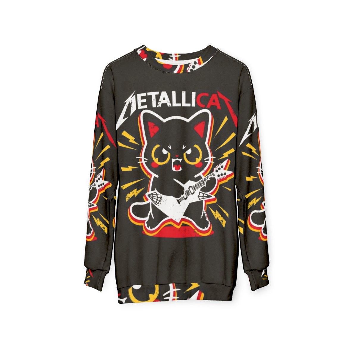 Metallicat metal sweatshirt with a cat pun design - hanging