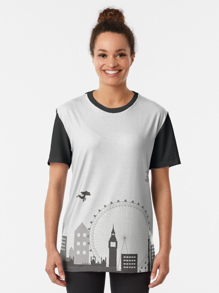 A grey and black graphic t-shirt featuring an urban cityscape and smog design - Women