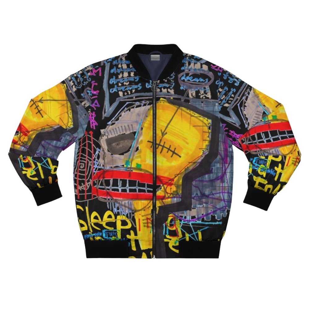 Mijumi art abstract bomber jacket with text "Sleeping in a Hotel Built on Fear & Love"