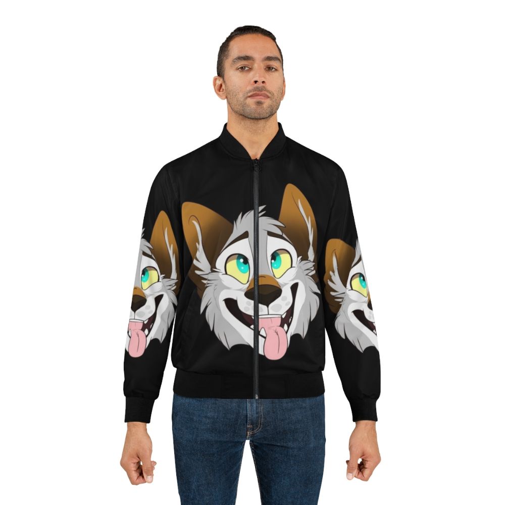 A happy, smiling wolf cartoon design on a bomber jacket. - Lifestyle