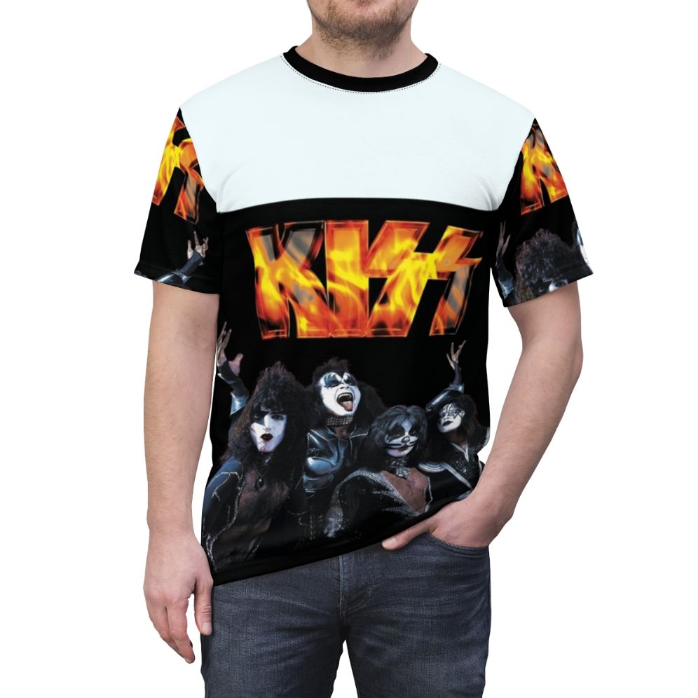 A stylish and vibrant T-shirt featuring a collage of KISS band members and imagery, capturing the energy and essence of the legendary glam metal group. - men front