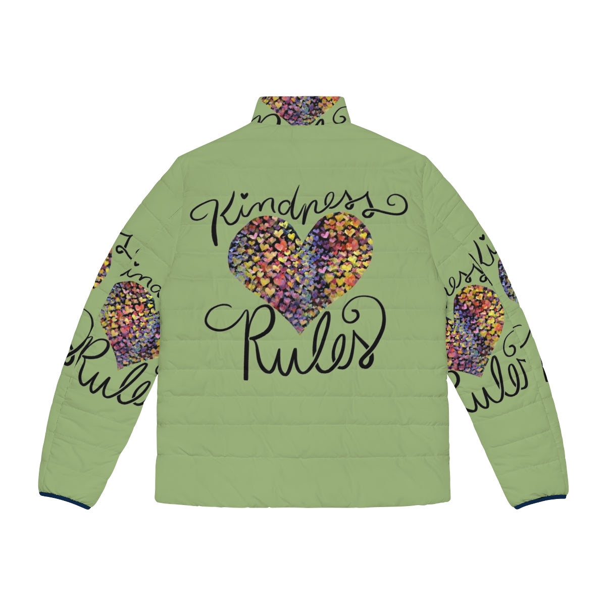 Kindness Rules Puffer Jacket with a Colorful Rainbow Heart Design - Back