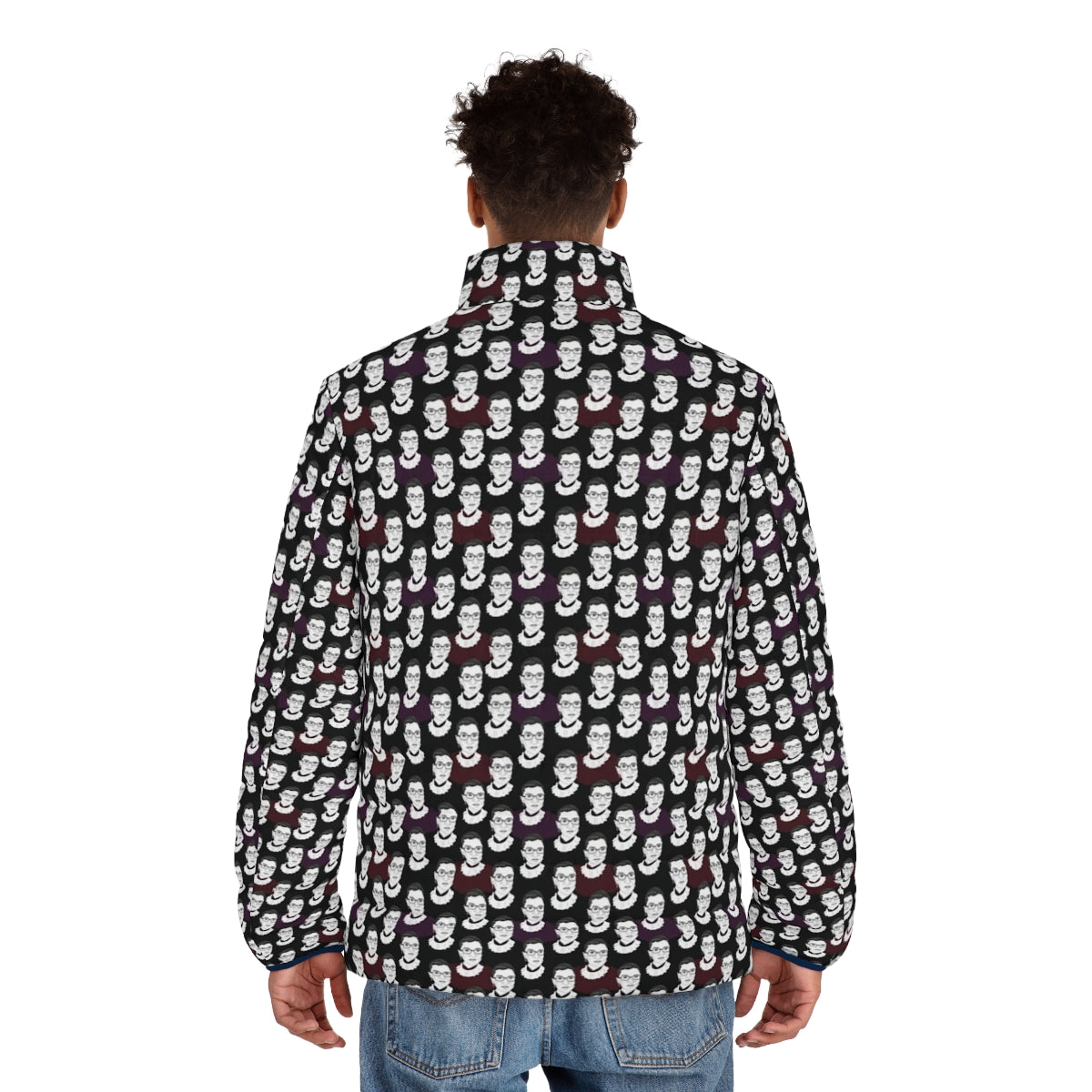 Ruth Bader Ginsburg inspired puffer jacket featuring a bold RBG pattern - men back