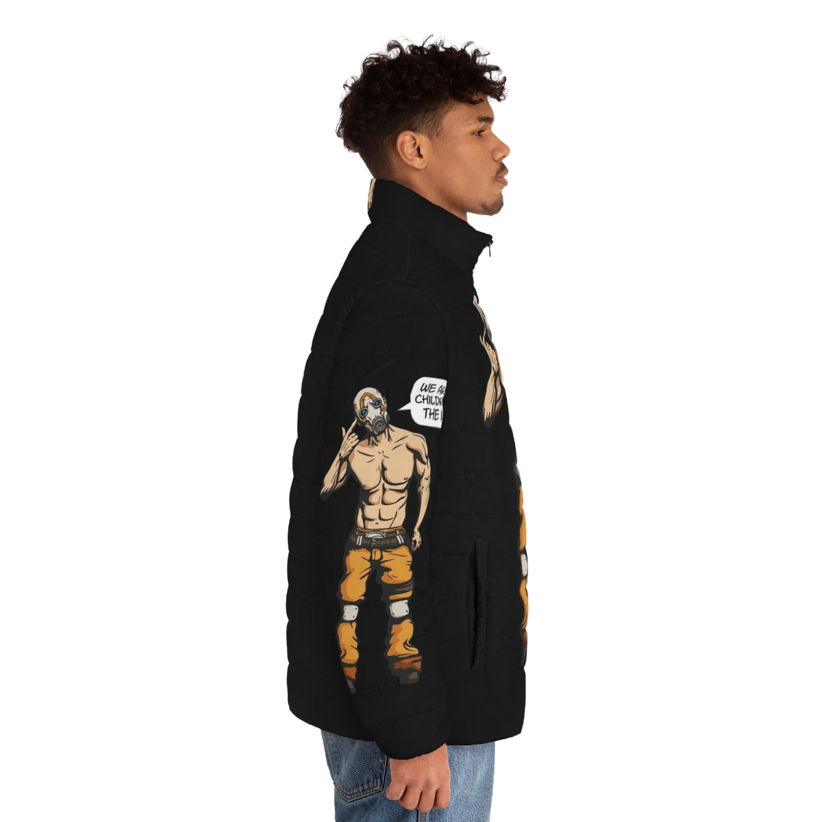 Borderlands inspired "We Are The Children Of The Vault" puffer jacket featuring psycho bandit and vault hunter design - men side right