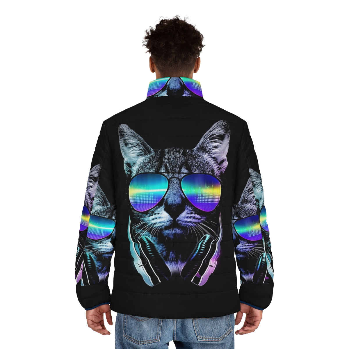 Music Lover Cat Puffer Jacket with Neon Equalizer Graphics and City Skyline - men back