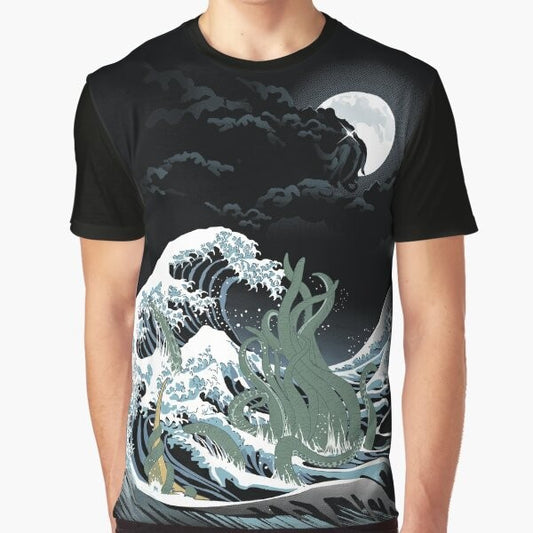 A graphic t-shirt design featuring Cthulhu, the iconic monster from H.P. Lovecraft's horror universe, surrounded by a swirling Japanese-style wave.