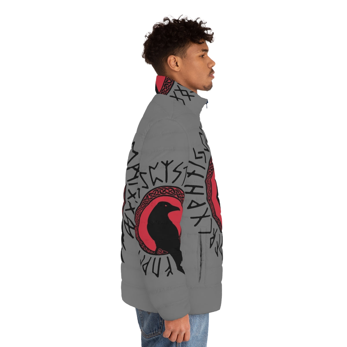 Futhark Puffer Jacket with Viking-inspired raven and rune designs - men side right