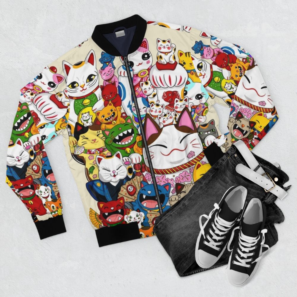 Maneki Neko (Lucky Cat) Bomber Jacket - Colorful and Kawaii Japanese Design - Flat lay