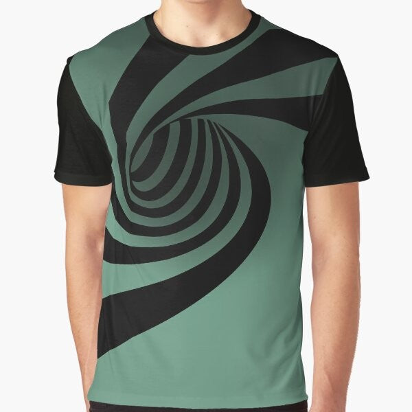 Optical illusion graphic t-shirt with a trippy, geometric black and white pattern