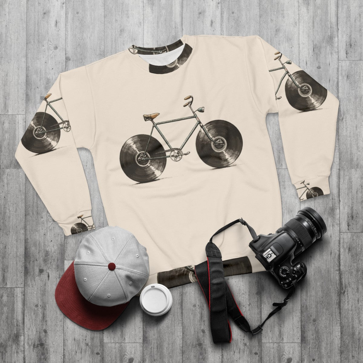 Velophone Sweatshirt featuring music instruments and hipster design - flat lay