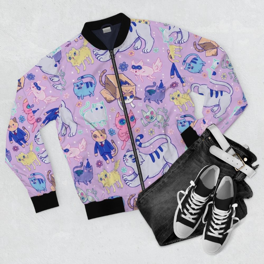 A colorful bomber jacket featuring an adventure time-inspired cat and flower pattern design. - Flat lay