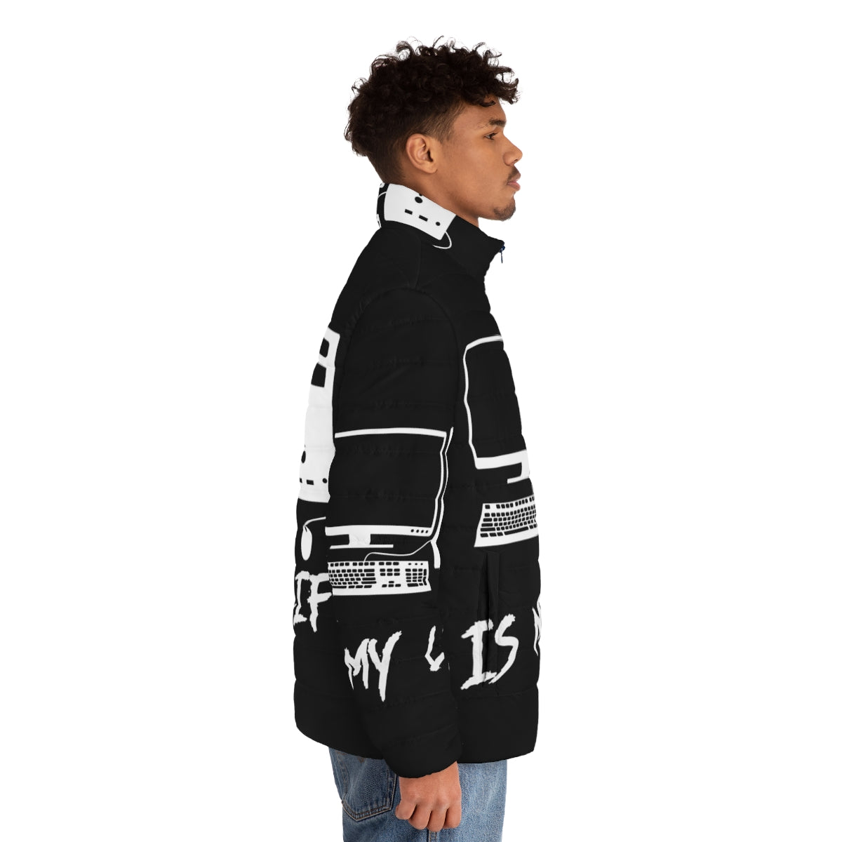 A cozy puffer jacket for computer enthusiasts, featuring a "Computer Is My Life" graphic design. - men side right