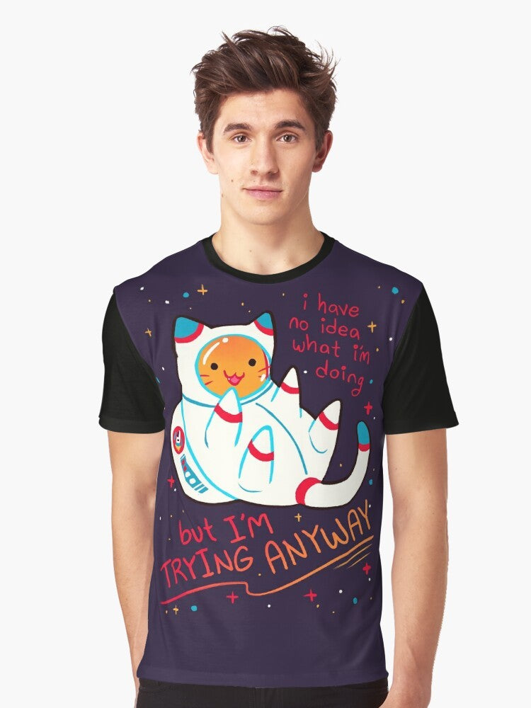 Catstronaut graphic t-shirt with the text "I'M TRYING ANYWAY" and stars in the background - Men