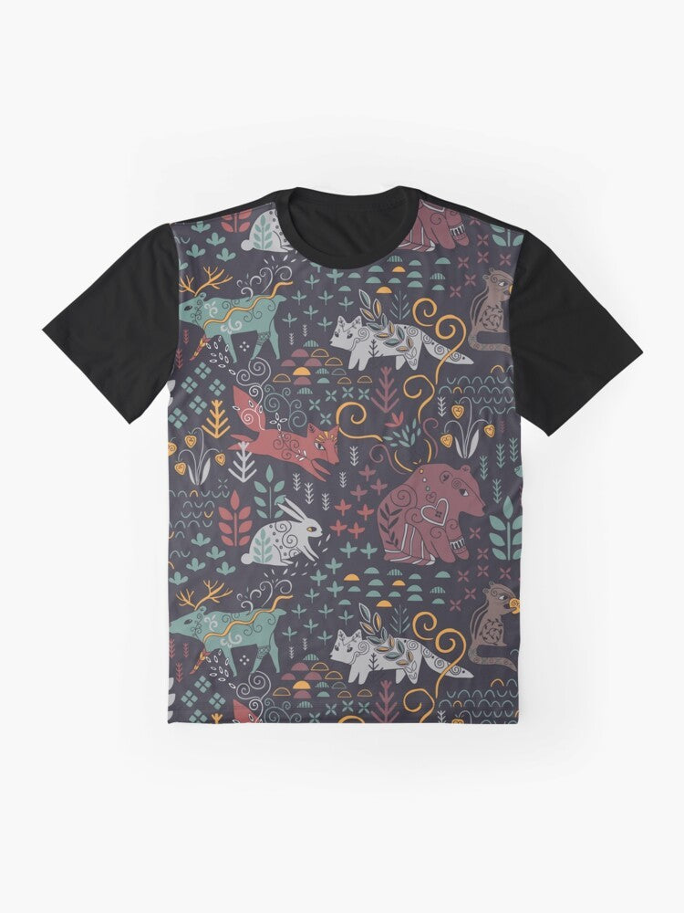 Graphic t-shirt featuring hand-drawn illustrations of Siberian wildlife including bear, deer, rabbit, fox, chipmunk, and sable. - Flat lay