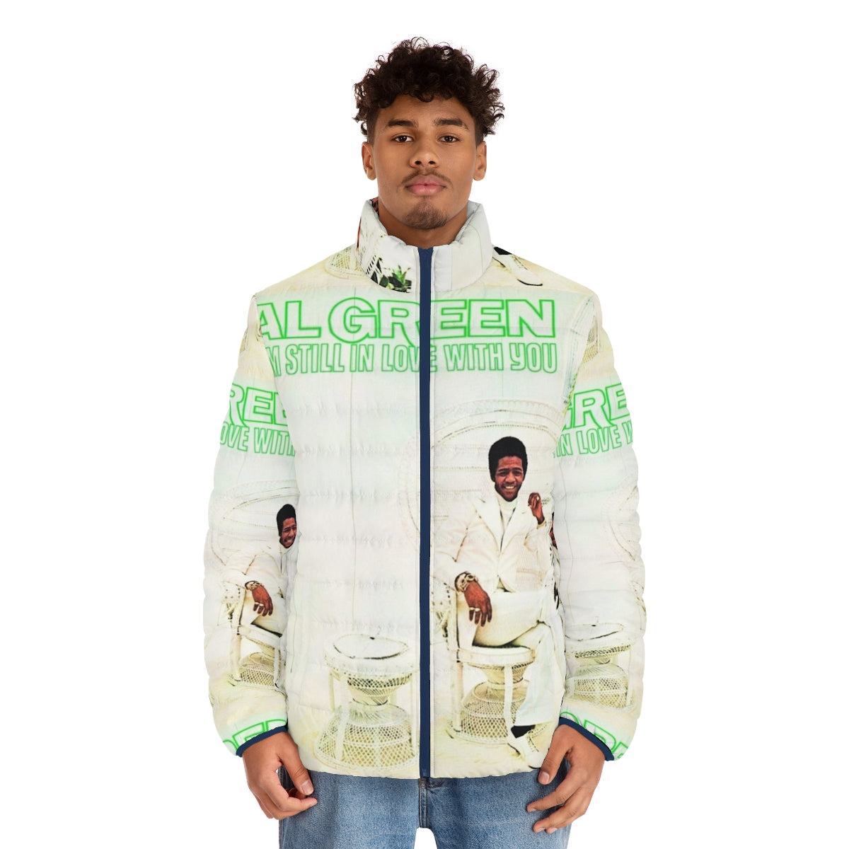 Puffer jacket featuring the album cover art for "I'm Still in Love with You" - men front