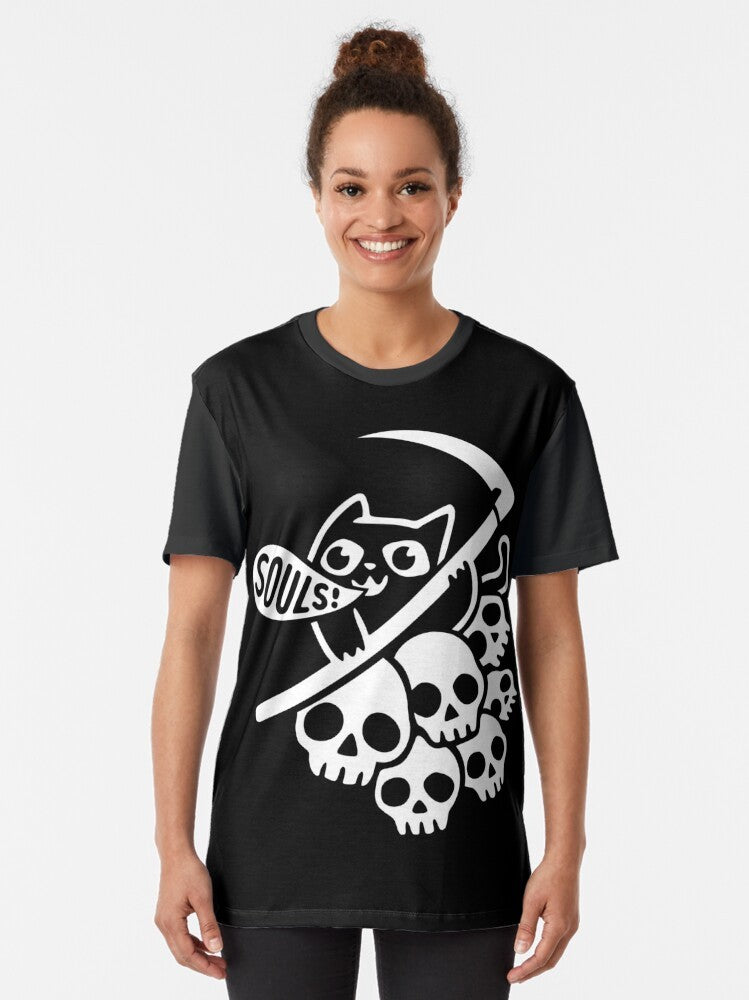 "Cat Got Your Soul?" graphic t-shirt featuring a cat and grim reaper design - Women