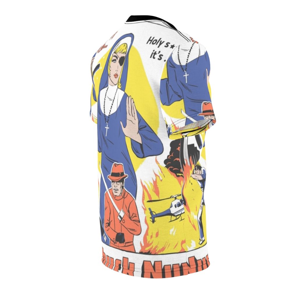 A stylish t-shirt featuring a nun wielding nunchucks in a retro, pop culture-inspired design. - men right