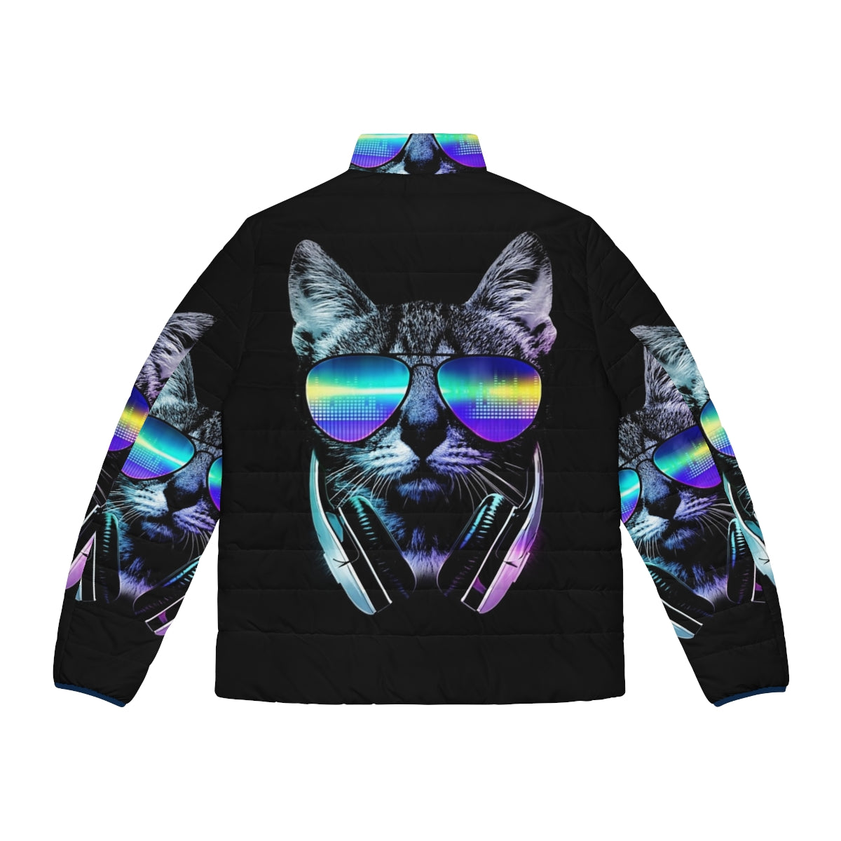 Music Lover Cat Puffer Jacket with Neon Equalizer Graphics and City Skyline - Back