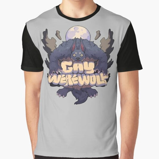 Graphic t-shirt with a werewolf design in pride colors, representing the LGBTQ+ community