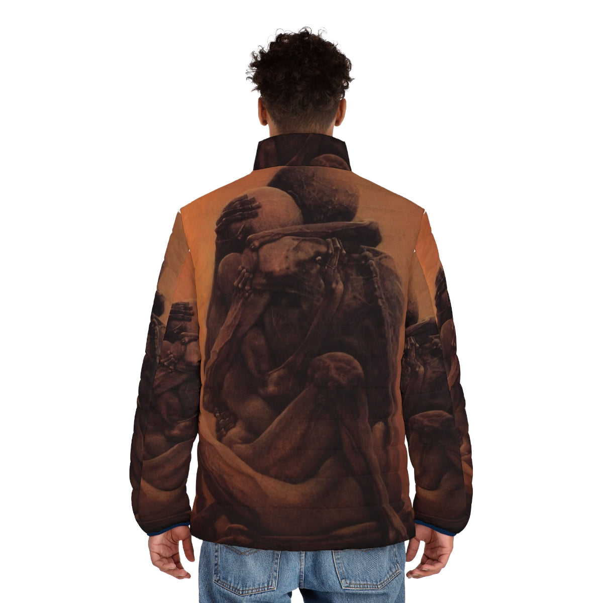 Zdzislaw Beksinski's surreal artwork "The Lovers" featured on a puffer jacket - men back