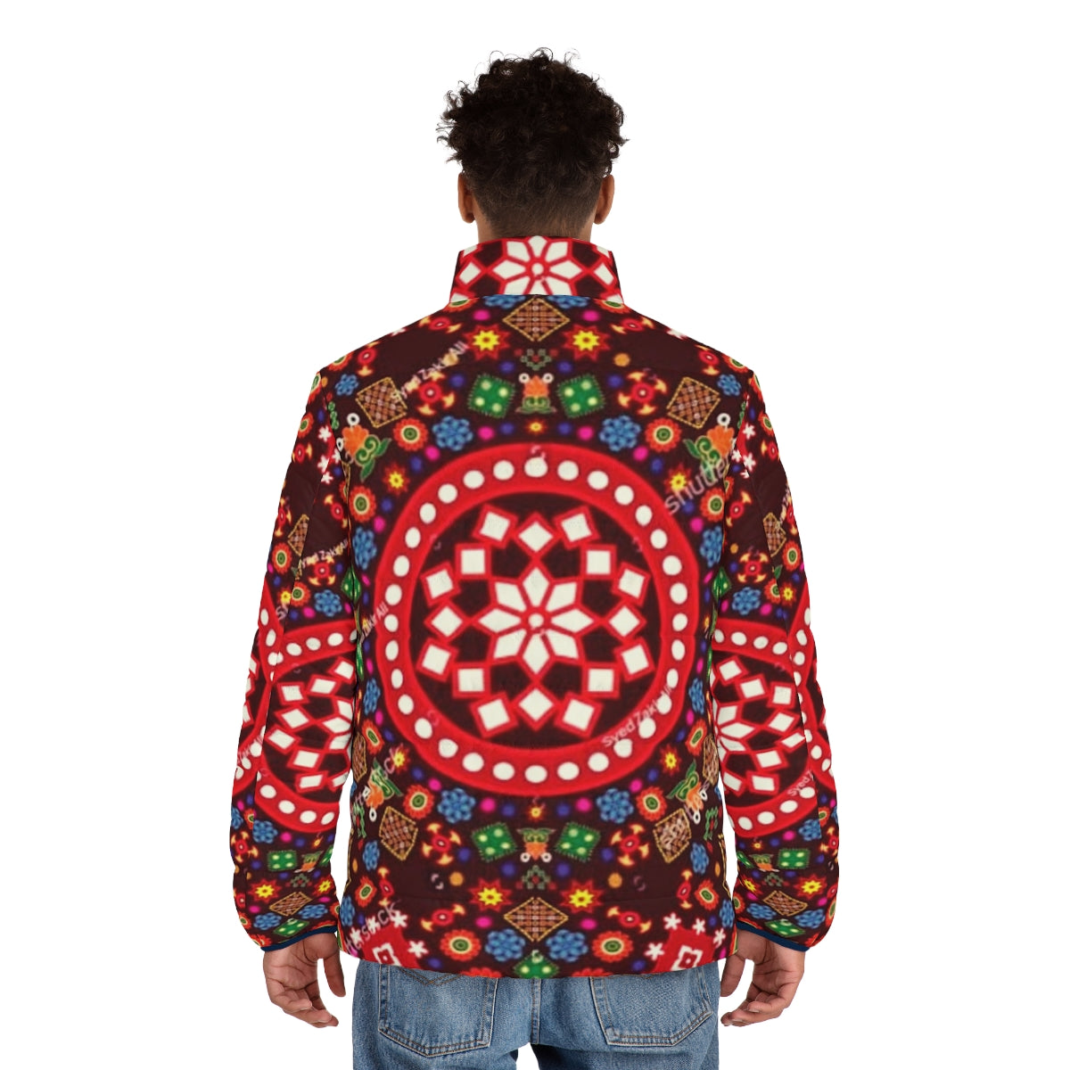 Sindhi culture design puffer jacket featuring traditional artwork - men back