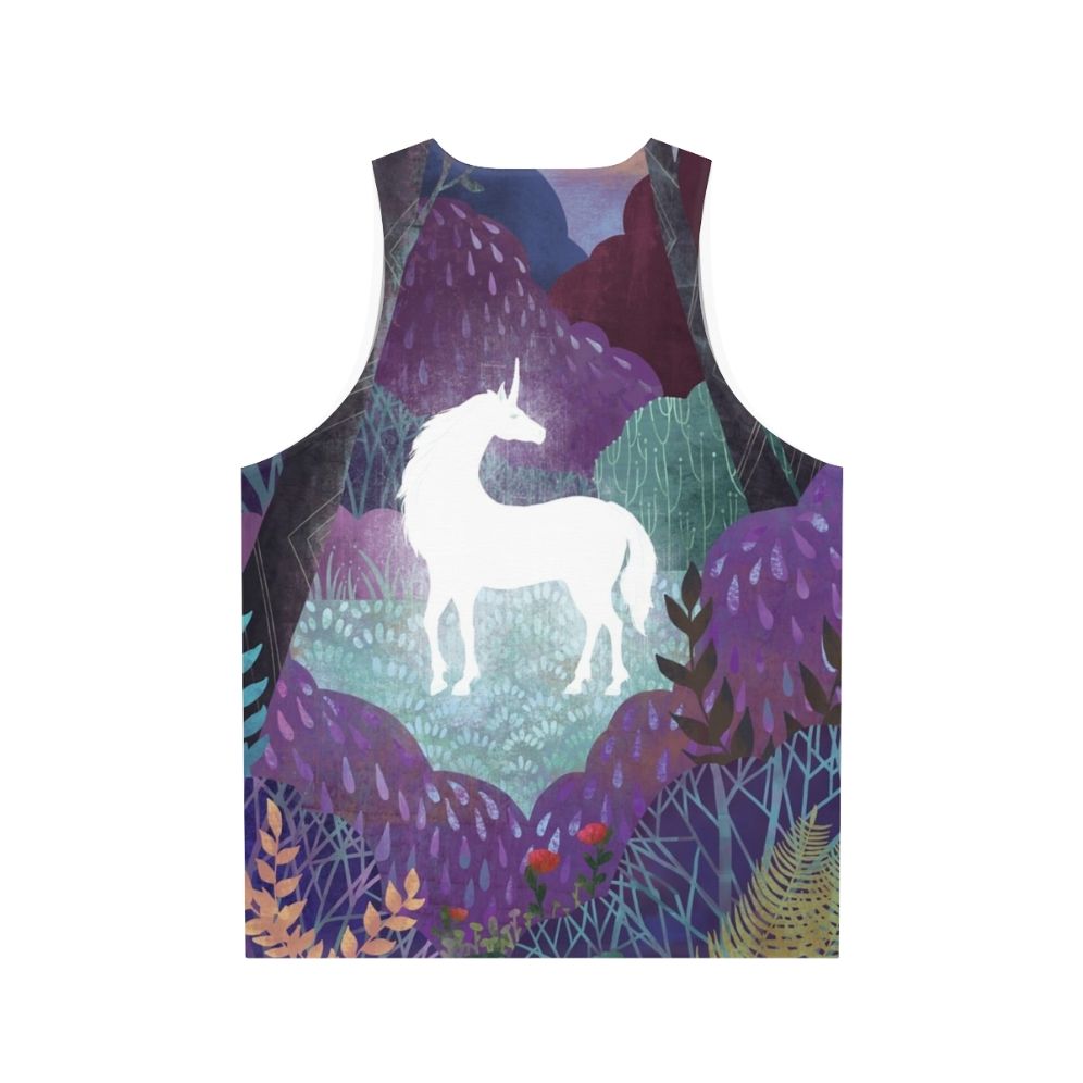 The Last Unicorn Unisex Tank Top featuring a magical unicorn in a fantasy forest - Back