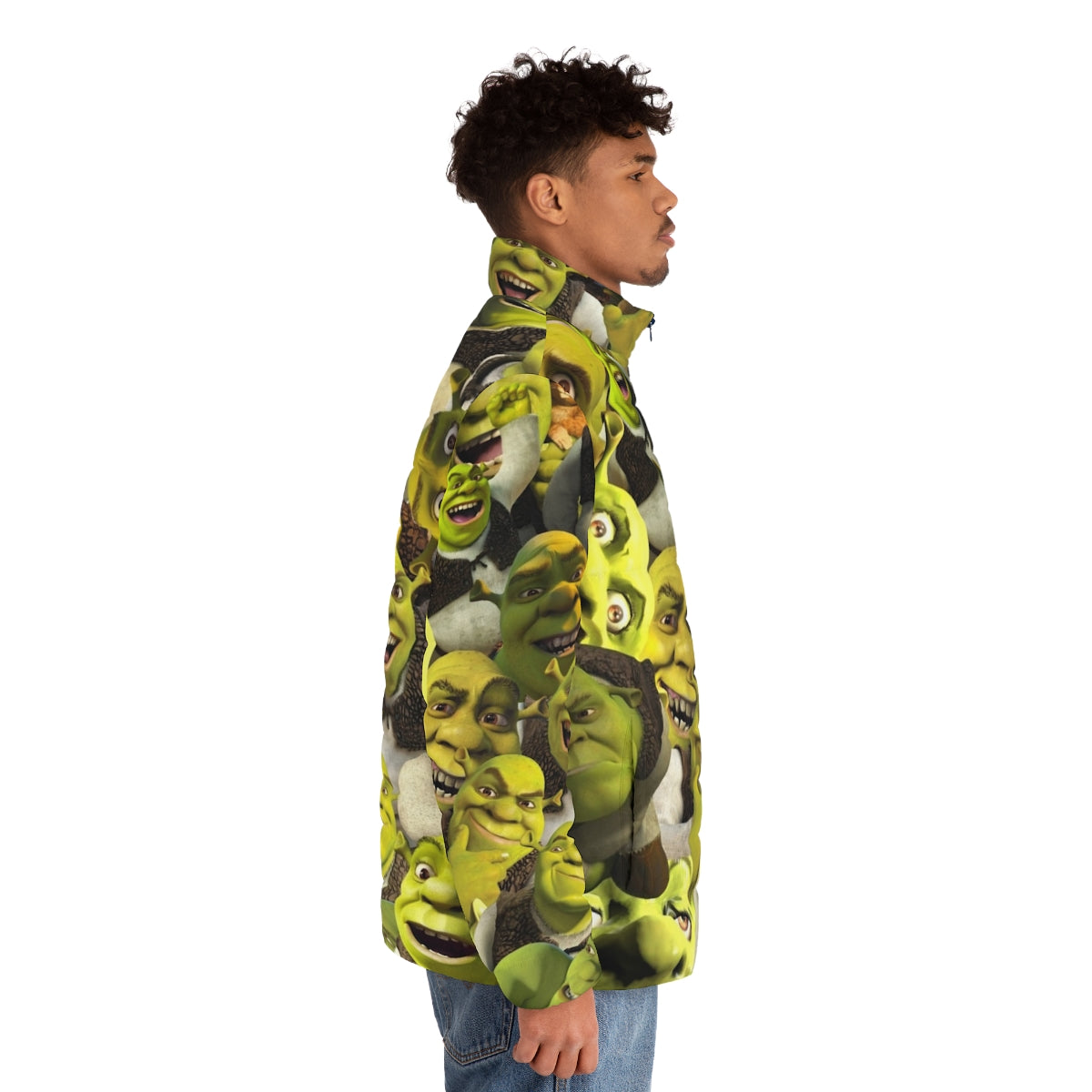 Shrek Collage Puffer Jacket featuring vibrant Shrek-inspired graphics and a playful, trendy design - men side right