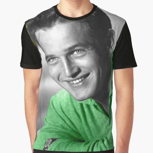 Vintage graphic t-shirt featuring a black and white photo of actor Paul Newman wearing a green jersey