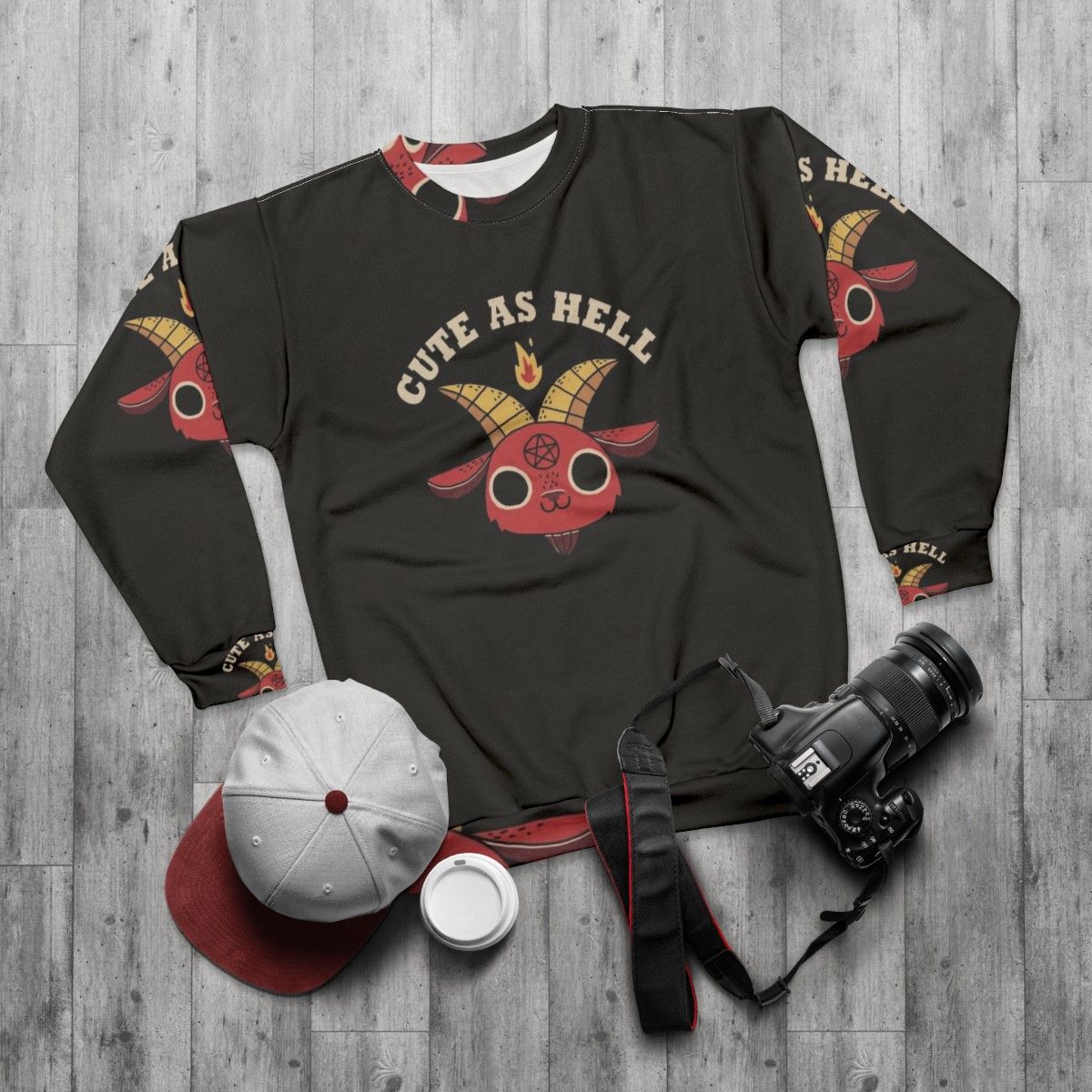 Cute As Hell Unisex Sweatshirt with Retro Demon Graphic - flat lay