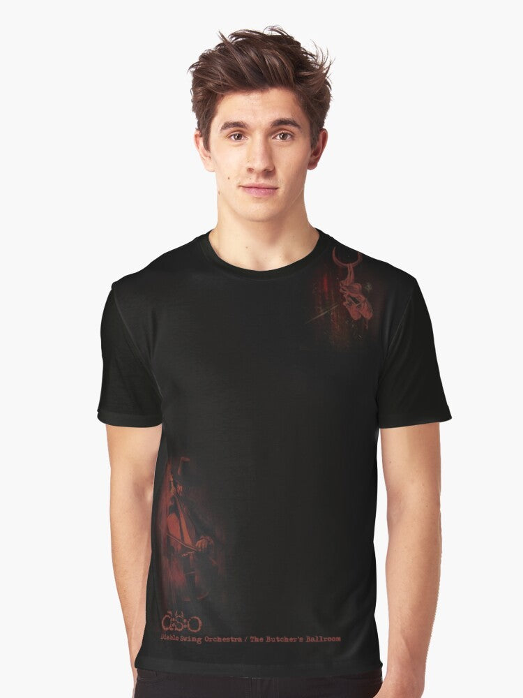 A graphic t-shirt featuring a bold design of a butcher's ballroom with violin, ballet, and orchestra elements. - Men