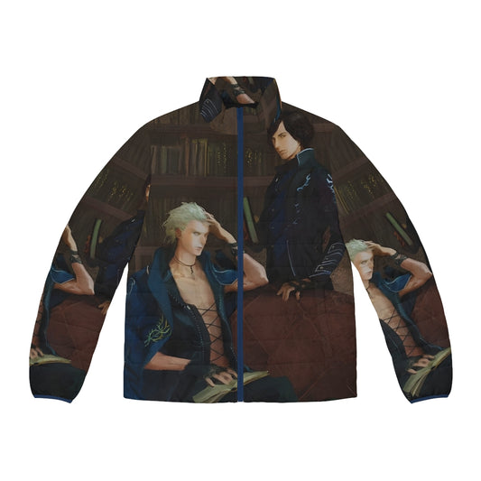 Devil May Cry Painting Puffer Jacket featuring characters Dante, Vergil, and Nero