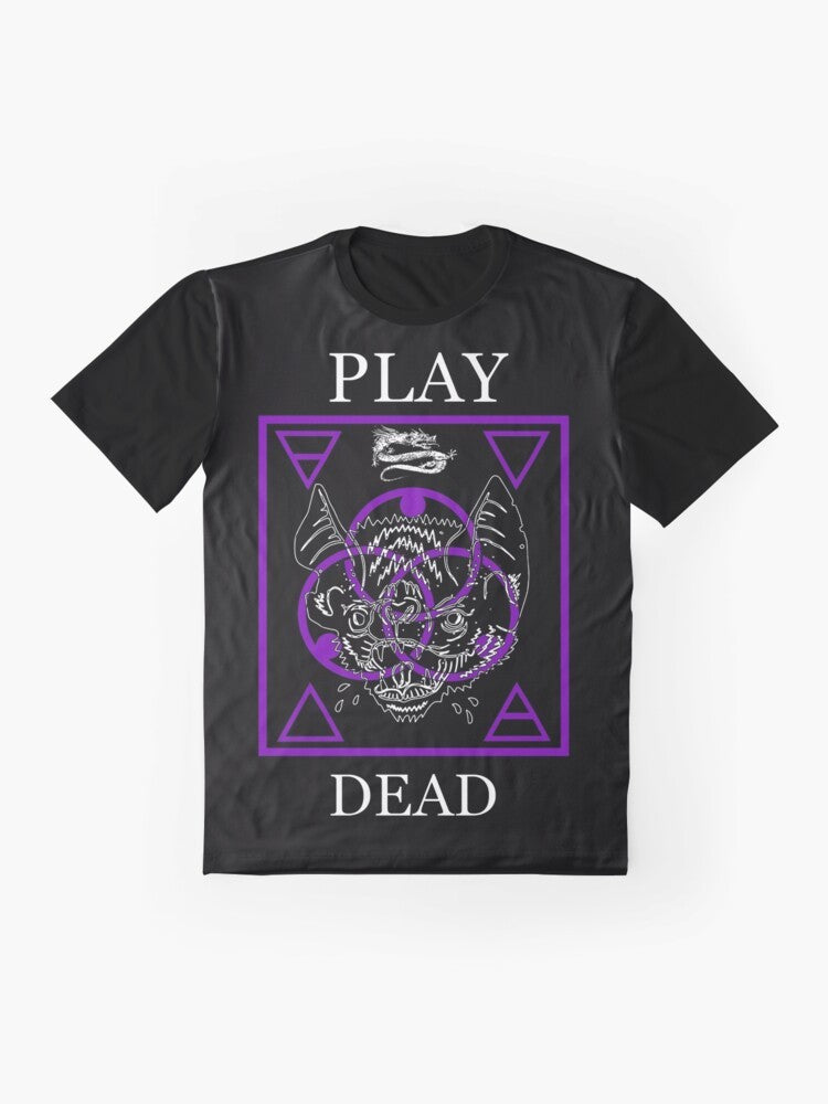 "Play Dead" graphic t-shirt featuring a vampire bat design - Flat lay