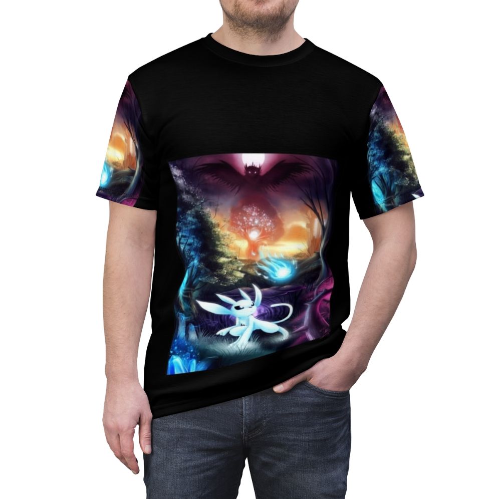 Platform adventure-inspired t-shirt design featuring Ori and the Will of the Wisps characters and imagery - men front