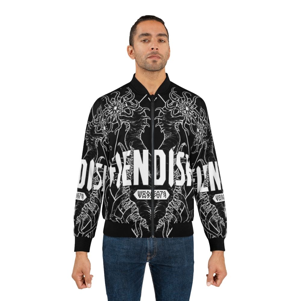 Fiendish bomber jacket with a dark and geometric inspired design, featuring monster and horror elements. - Lifestyle