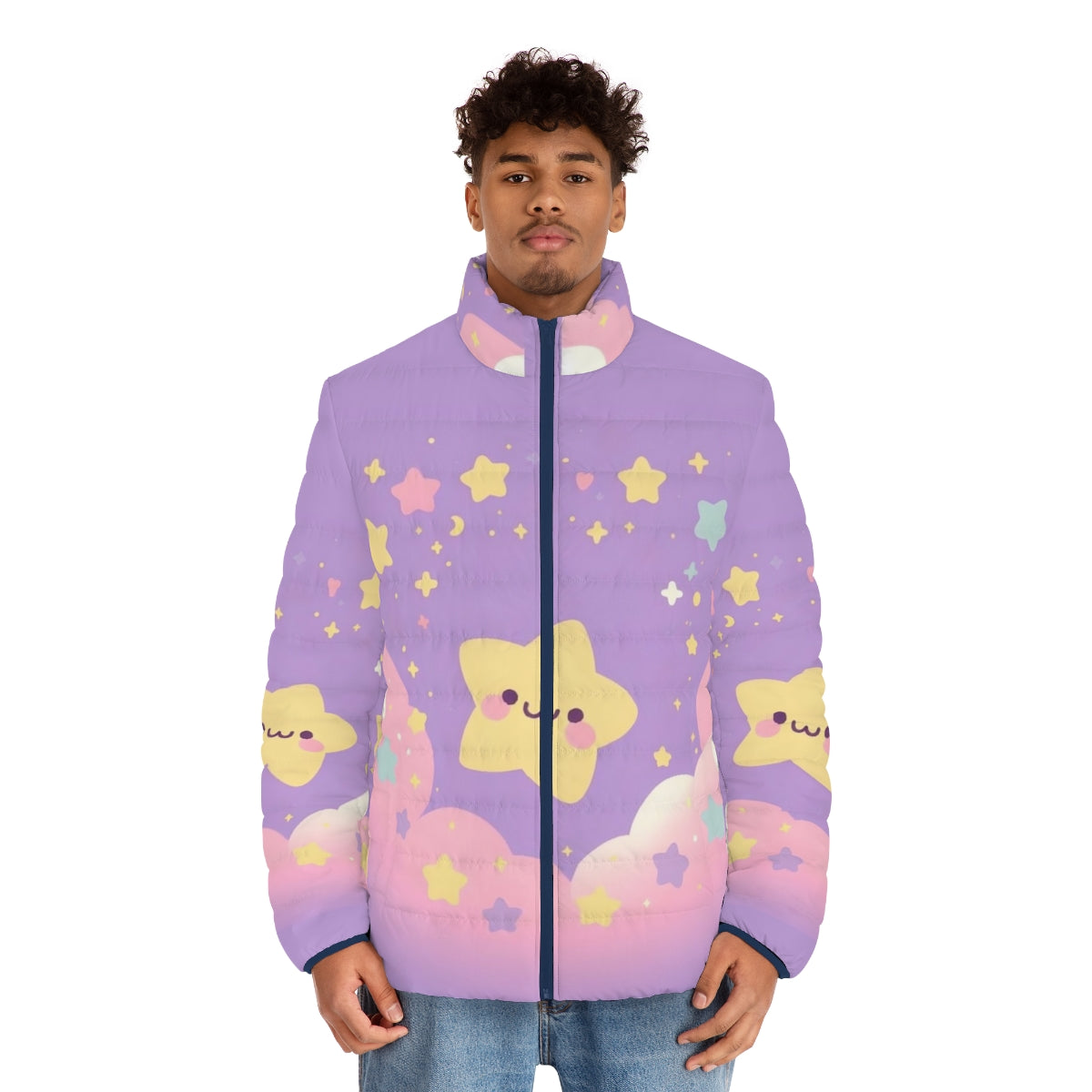 Puffer jacket with a galaxy star print design in shades of purple and blue - men front