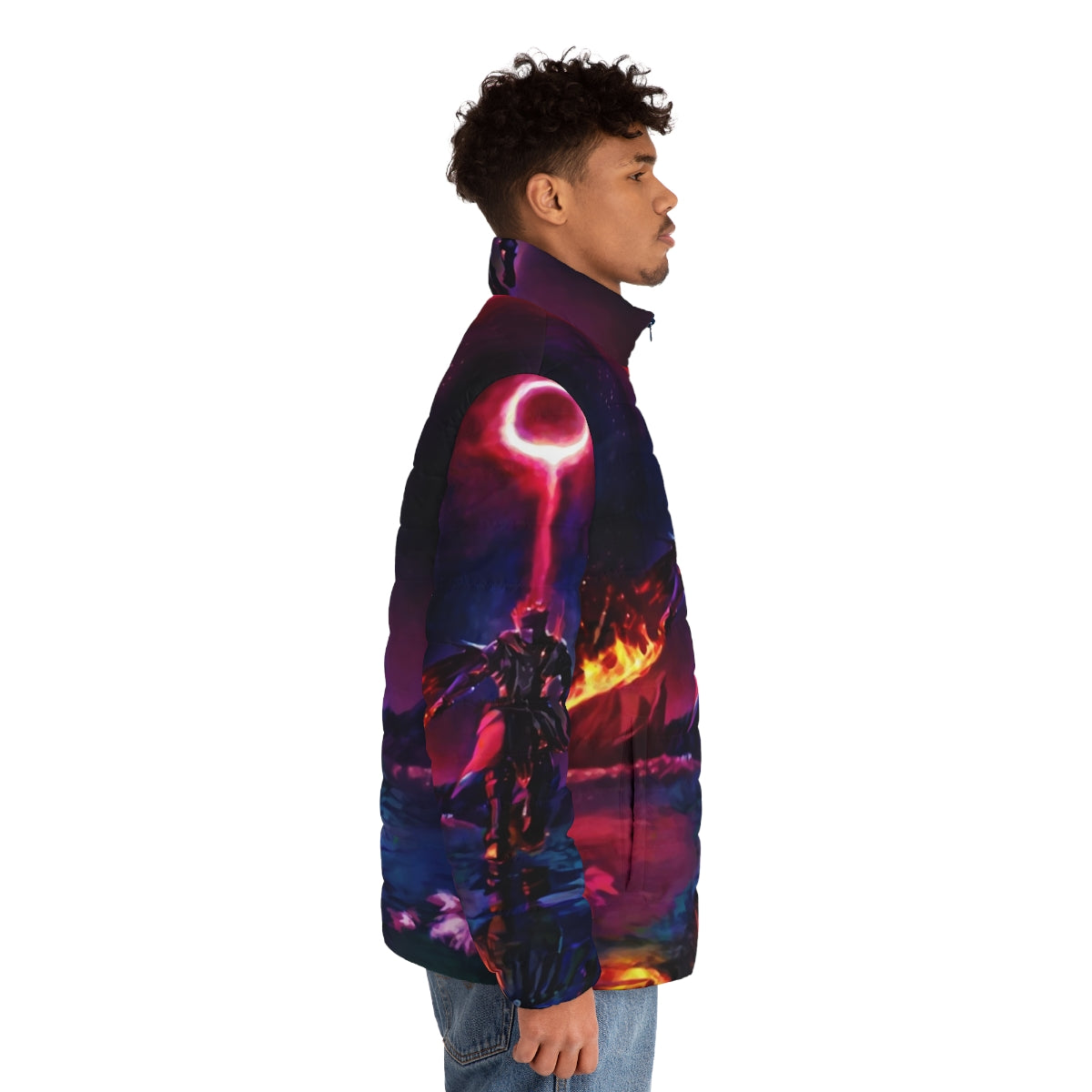 Boss of the Ring in Flames puffer jacket with dark fantasy and gaming inspired design - men side right