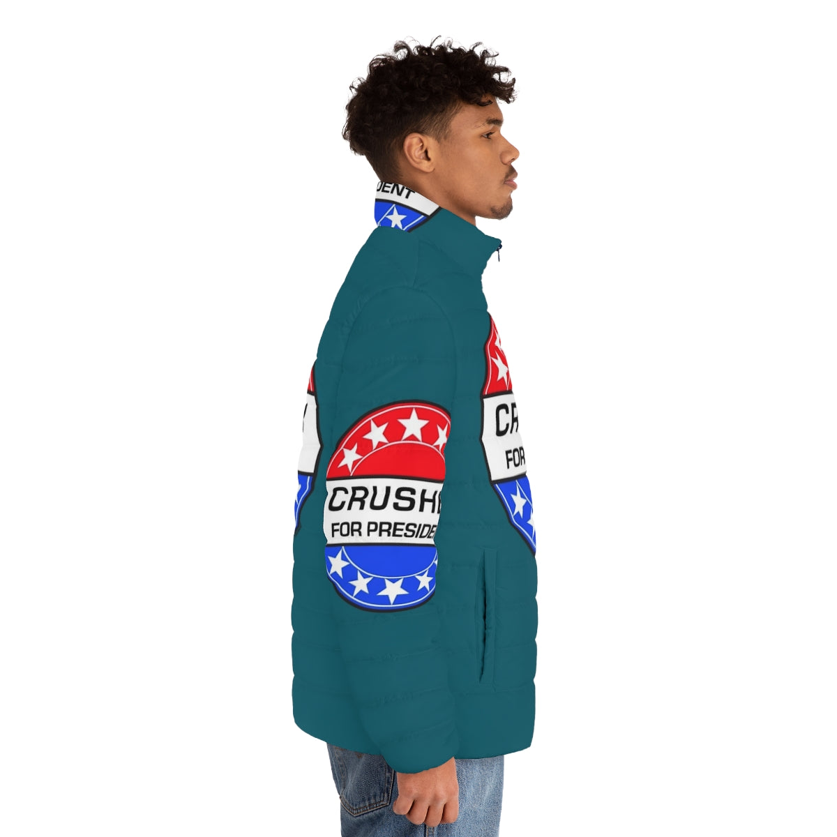 Retro sci-fi puffer jacket featuring Crusher for President design - men side right