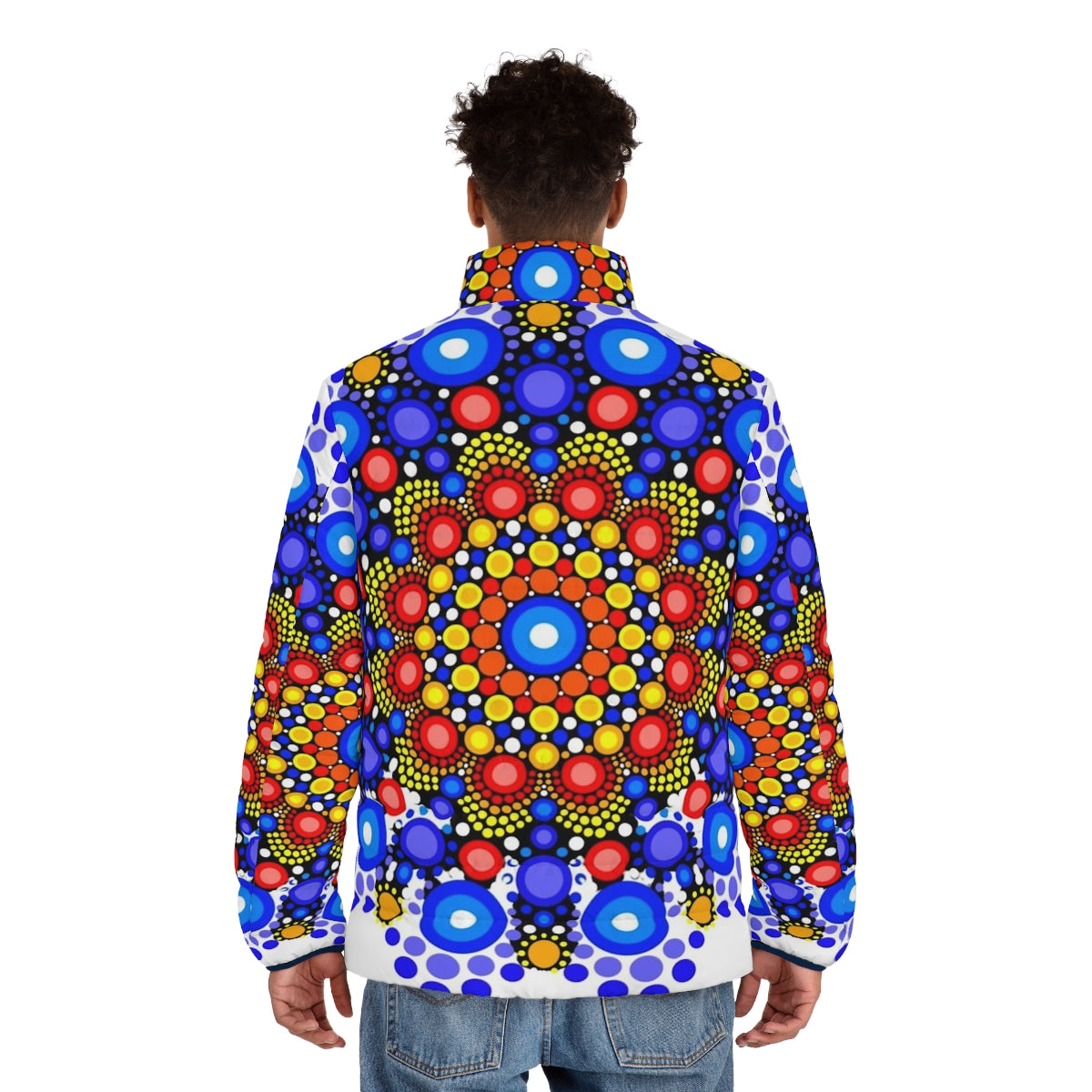 Vibrant circle pattern puffer jacket with a colorful and geometric mandala design - men back