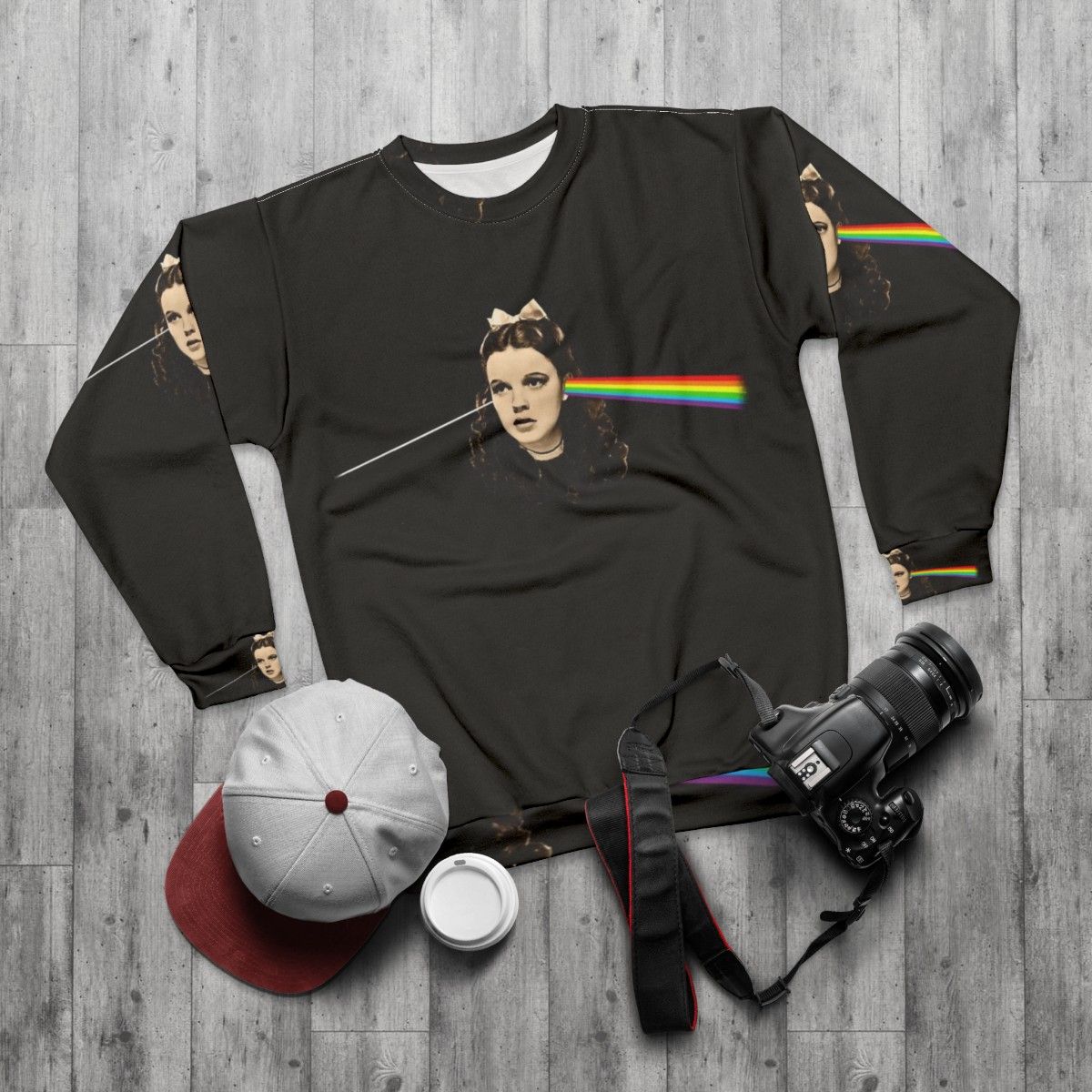 Dark Side of the Rainbow Sweatshirt featuring Wizard of Oz characters and Pink Floyd logo - flat lay