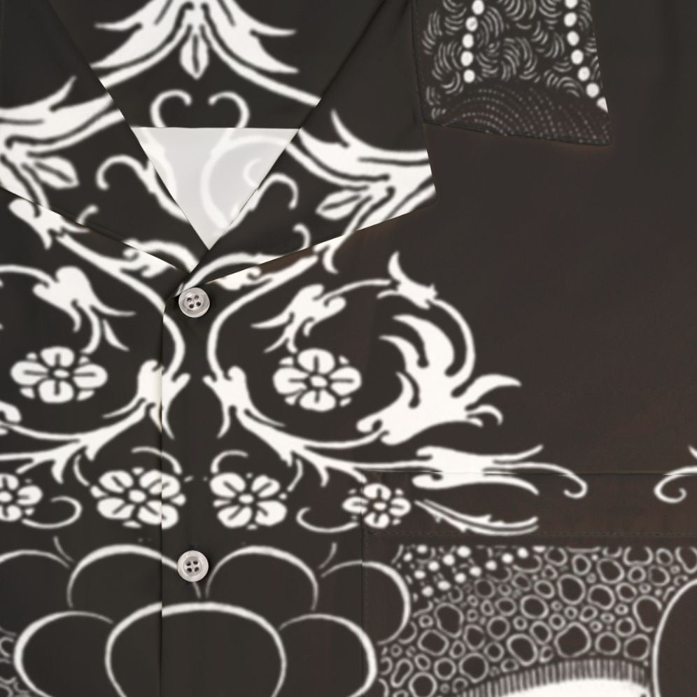 Dark magic Aubrey Beardsley inspired Hawaiian shirt with gothic art nouveau black and white illustrations - Detail