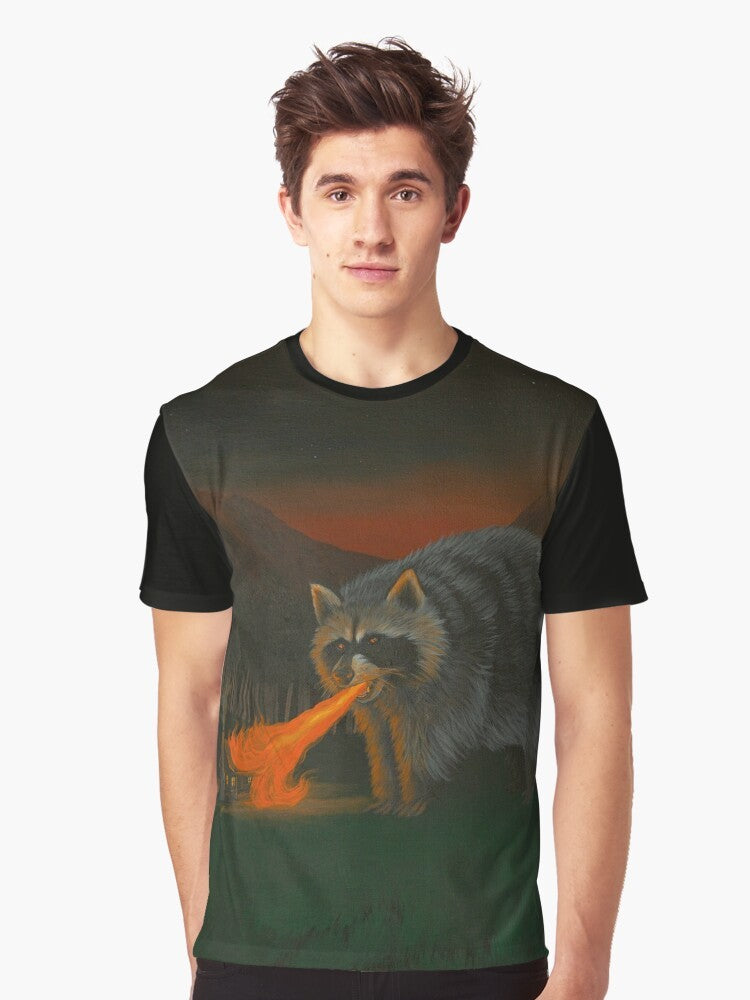 A graphic t-shirt featuring a fire-breathing raccoon illustration - Men